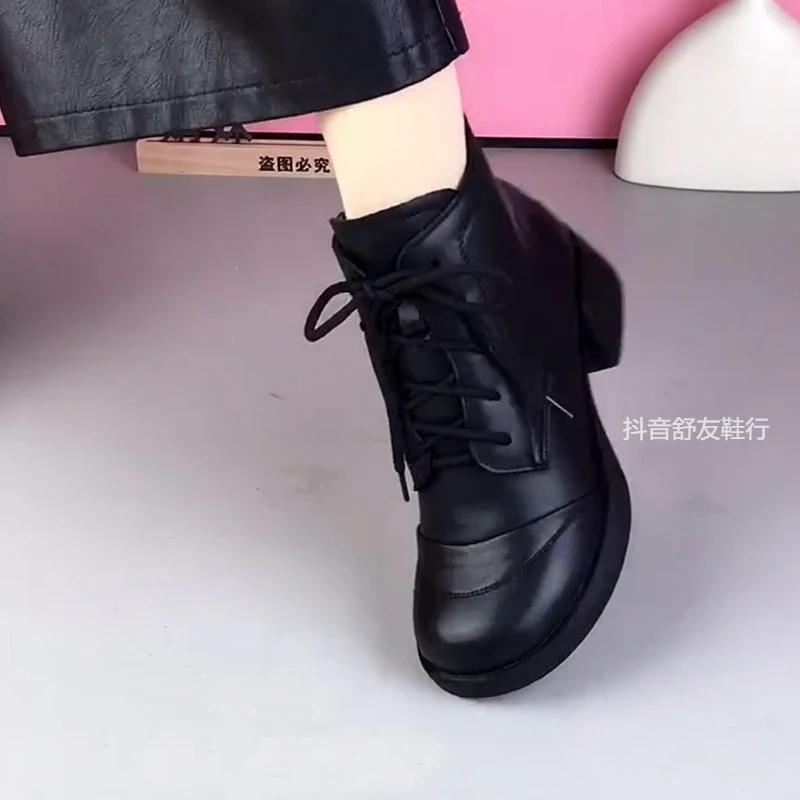 真皮马丁靴女2025秋冬新款牛皮圆头粗跟中跟系带女靴单靴加绒短靴