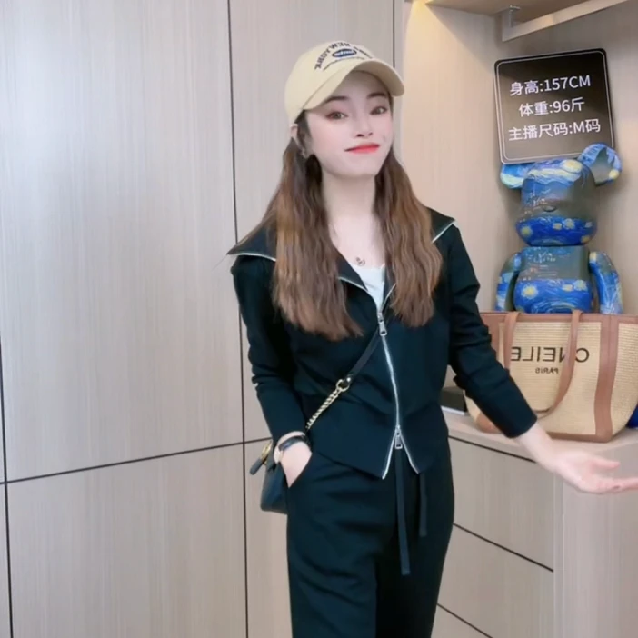 海军领休闲时尚气质显瘦套装女春秋新款小个子直筒裤两件套