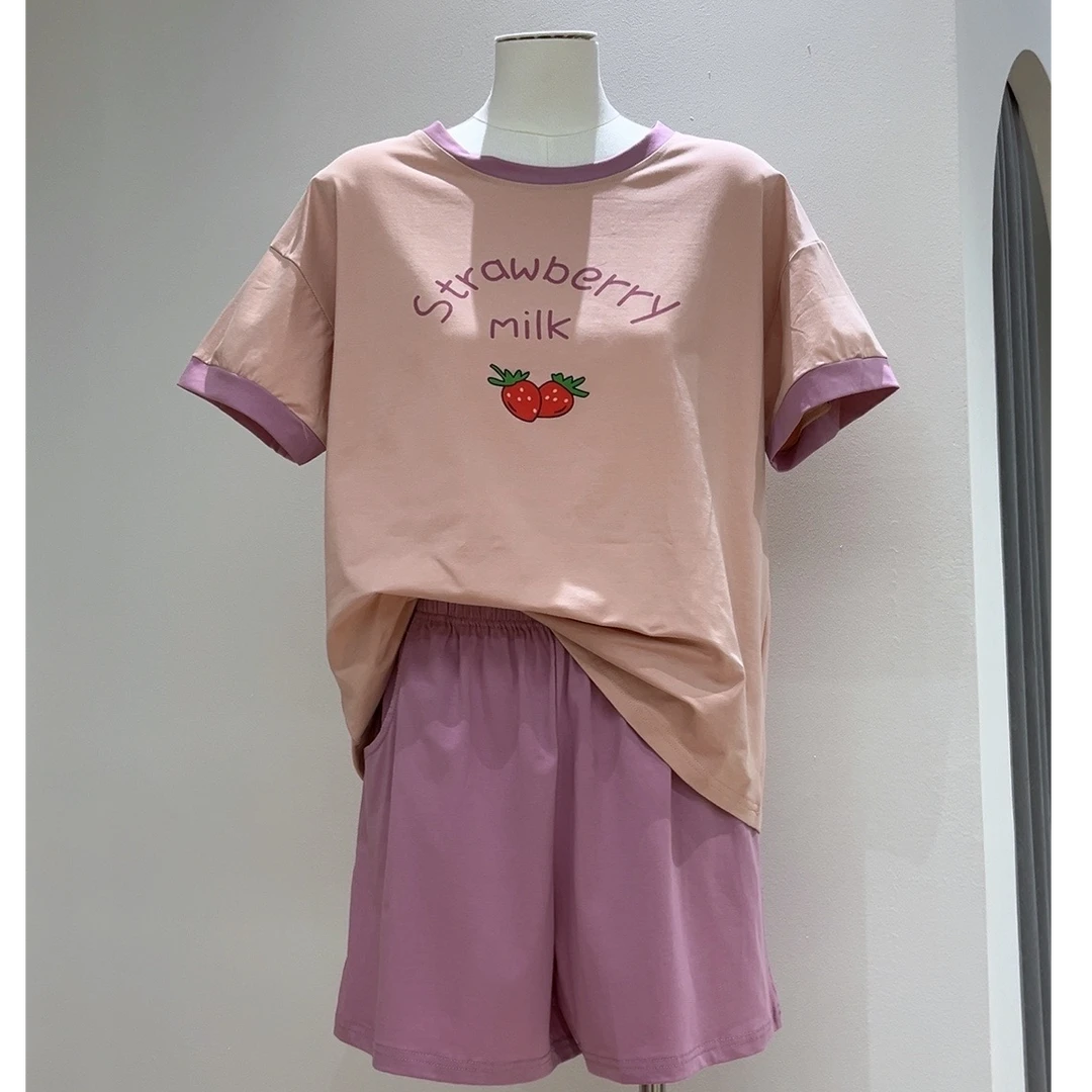 夏季爽棉睡衣女舒适休闲宽松显瘦时尚百搭印花夏款圆领可外穿套装