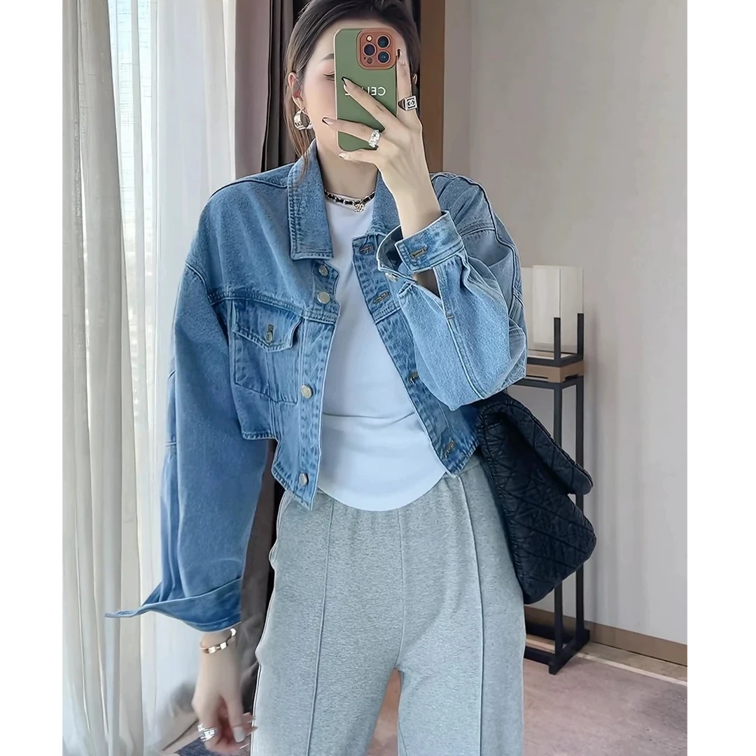 885#短款设计感牛仔外套女春秋新款港风复古宽松百搭长袖牛仔衣潮