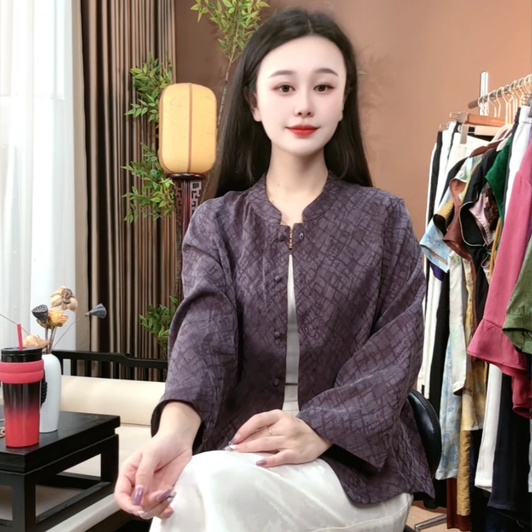 秋季新款100%桑蚕丝时尚上衣圆领盘扣透气百搭国风外套女S346