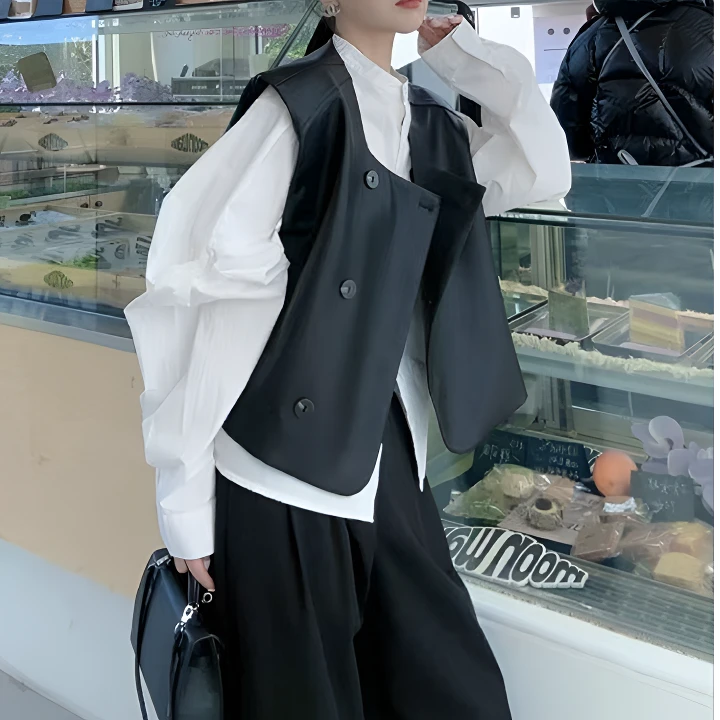 欧货洋气单排扣圆领Pu皮衣马甲外套女春秋季短款无袖马甲背心