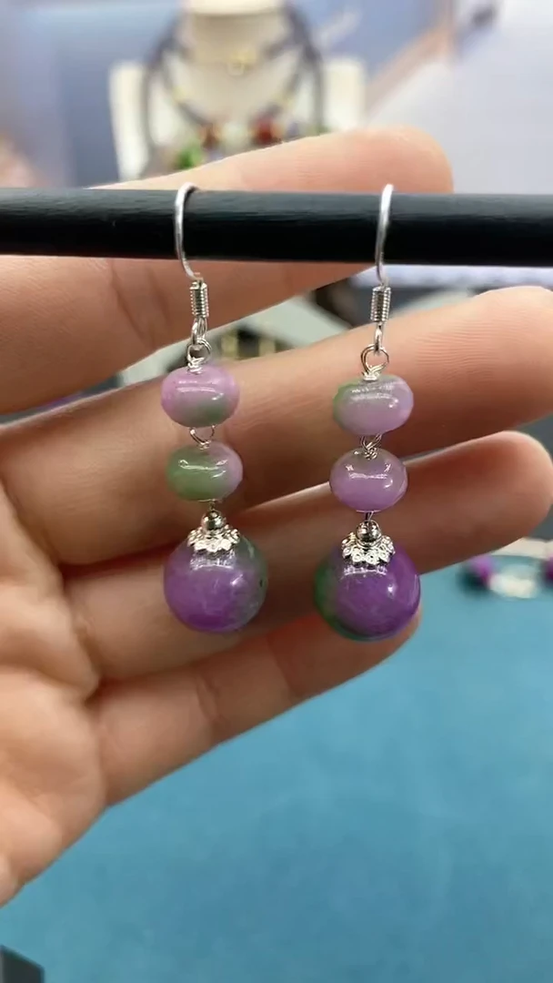 【闪购商品】翡翠耳饰银S925镶嵌春彩三珠耳钩