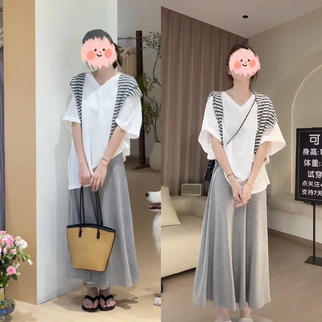 慵懒风休闲套装女2025夏季新款纯色短袖t恤上衣显瘦半裙两件套薄