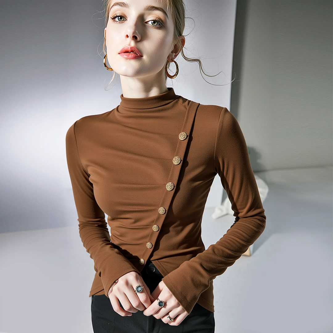 AQ#秋冬季新款修身显瘦设计感不规则气质长袖高领T恤小衫女A33H