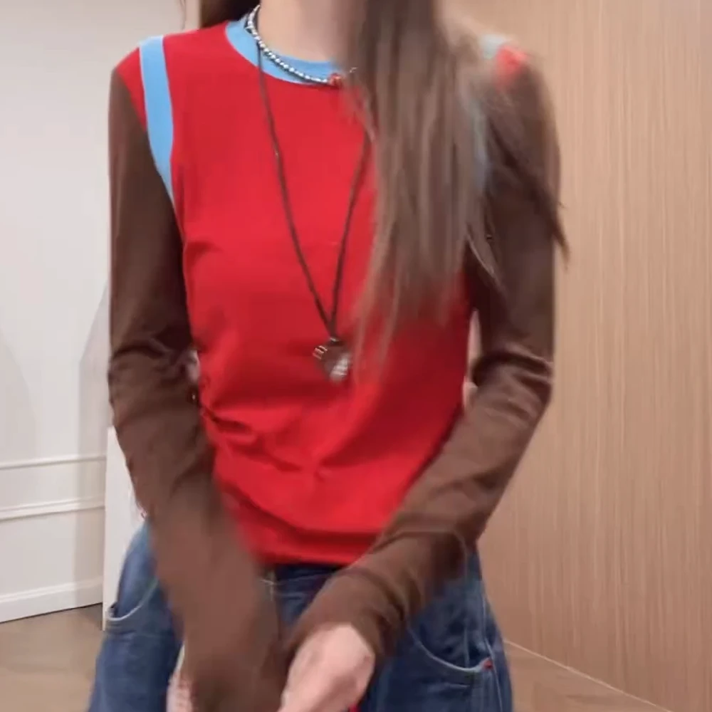 小众设计拼接假两件撞色长袖面膜T恤上衣女C6034