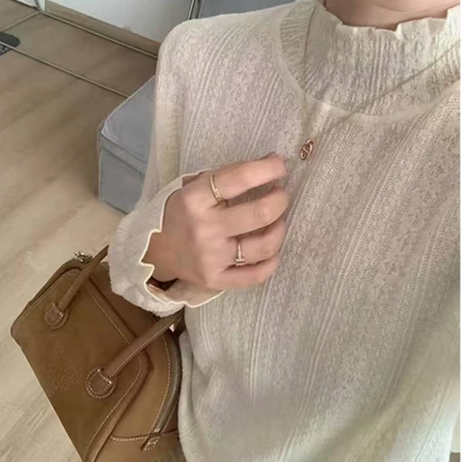 【荷叶边蕾丝浮雕打底衫】针织衫时尚洋气宽松休闲荷叶边上衣