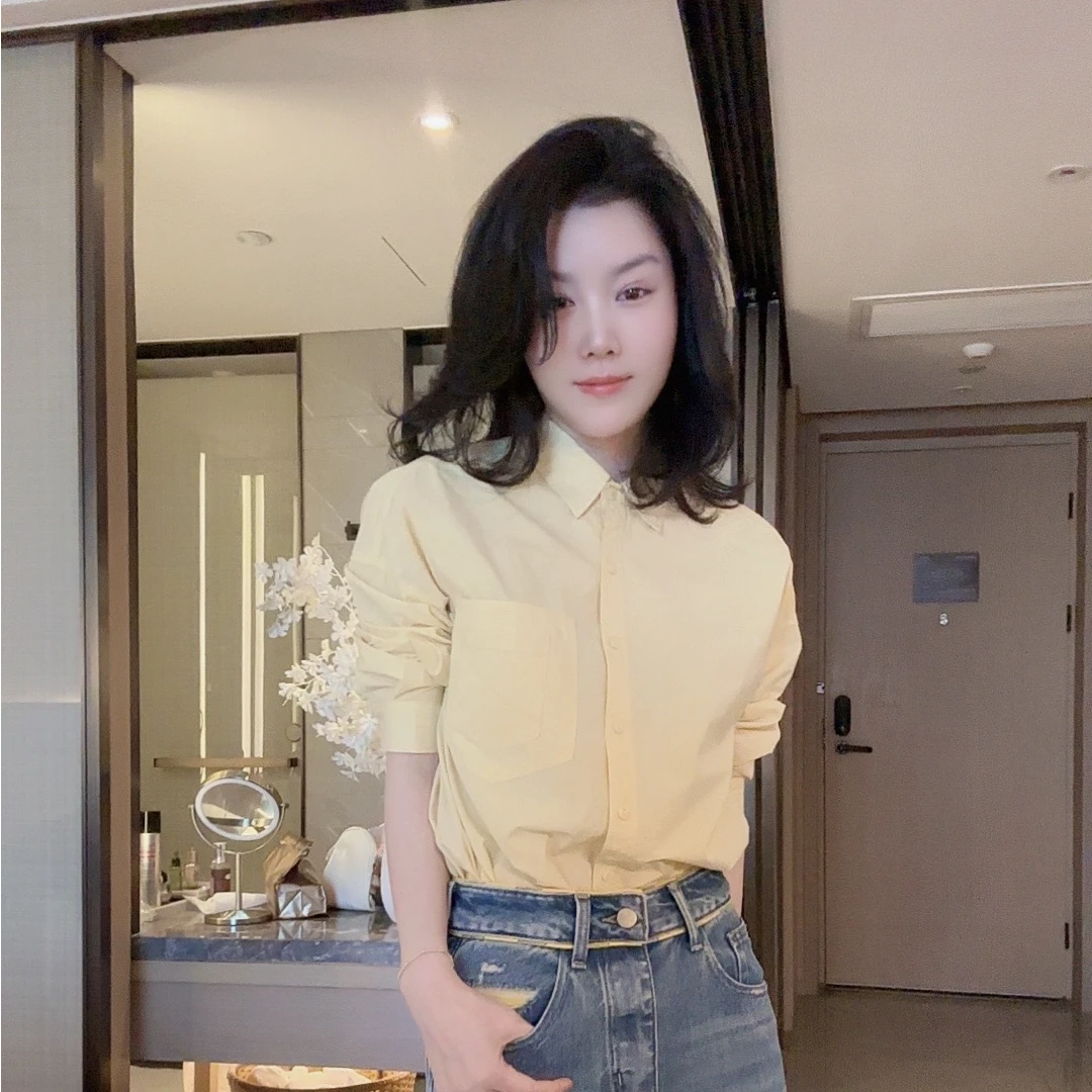 悦悦专属●简约叠层口袋设计纯色时尚长袖衬衣S058