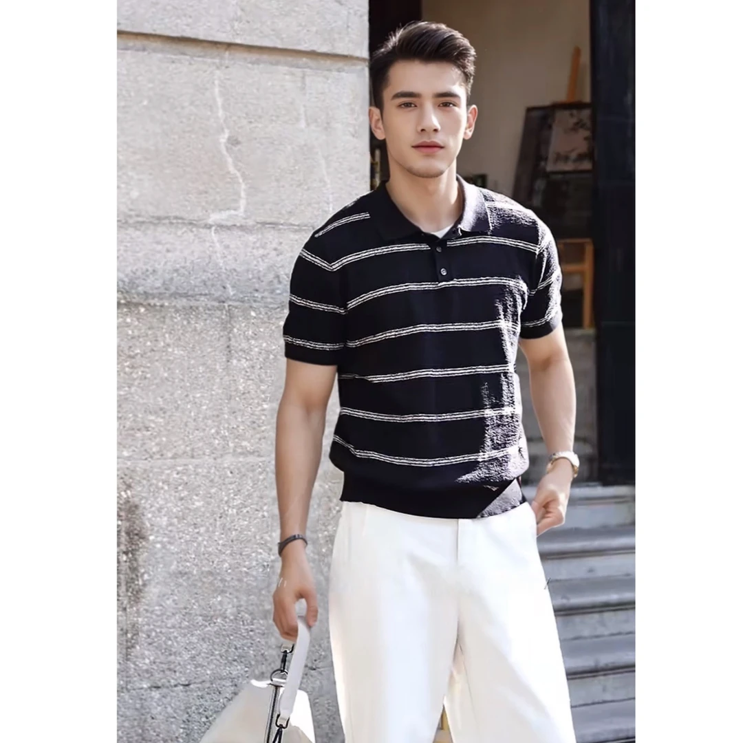 cleanfit.松弛美学混色黑白纱线菱格肌理商务休闲男士短袖POLO衫