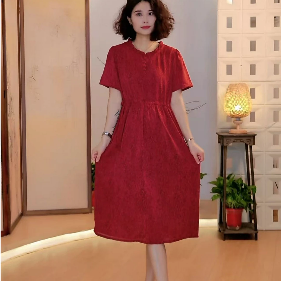 木耳领红色碎花连衣裙B2-13