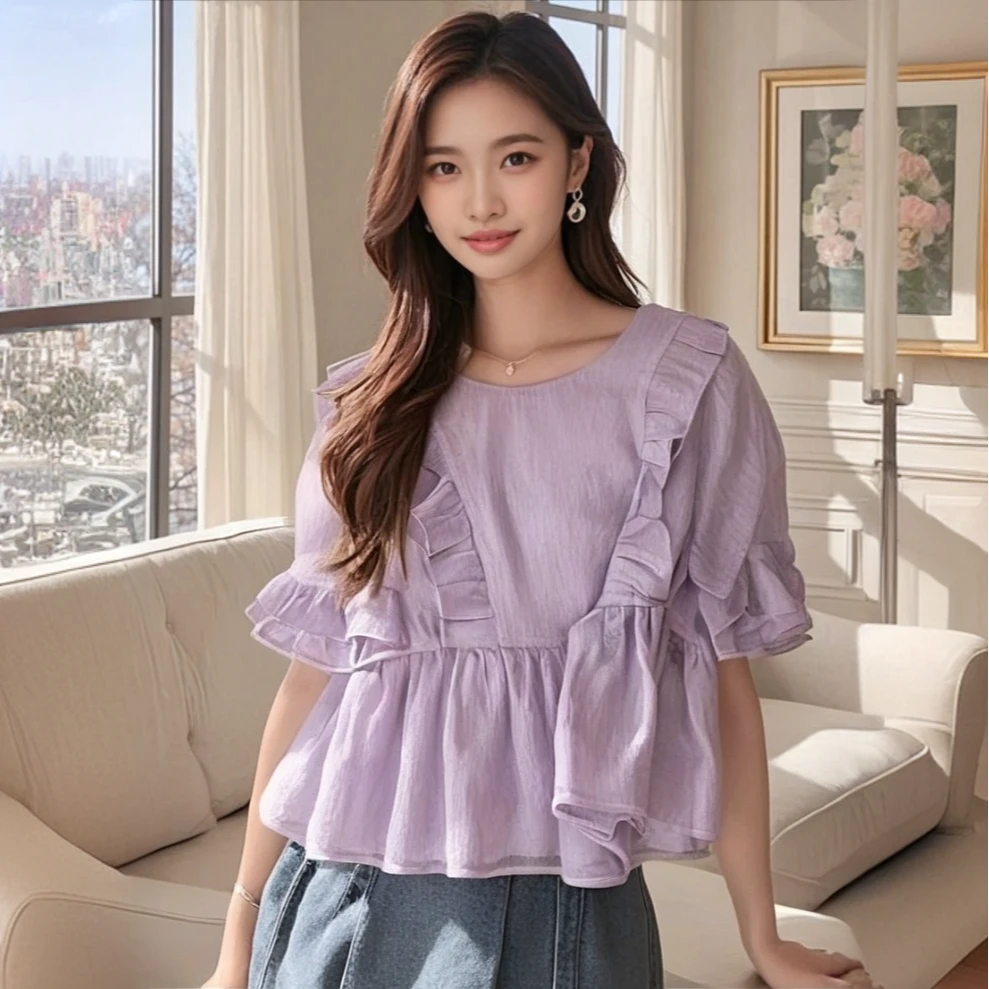 包邮单件轻熟风穿搭夏季女2025新款荷叶边雪纺上衣牛仔短裤套装