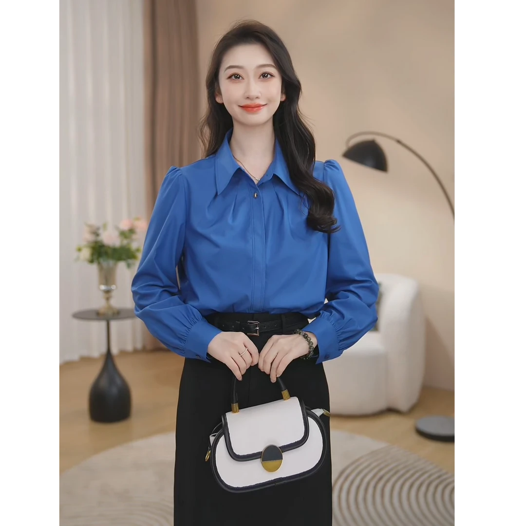 【曼贝】定制新款长袖衬衫女职业设计感气质百搭显瘦8593156B【甜甜】