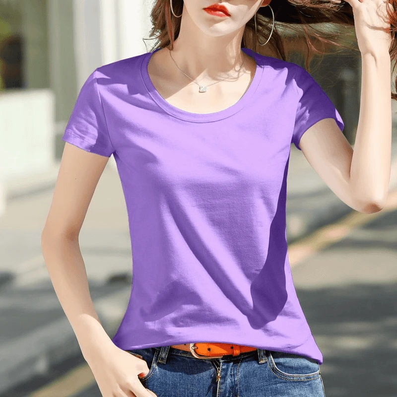 紫色小圆领短袖T恤女夏季2025年新款打底衫修身半袖显瘦百搭上衣