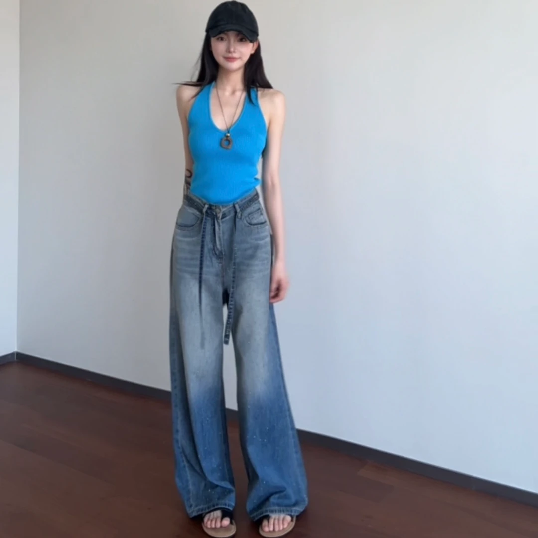 小个子渐变色满天星烫钻阔腿牛仔裤女2025秋季新款宽松显瘦直筒裤