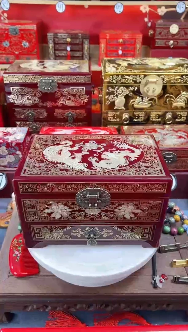 【闪购商品】23厘米新款三层单抽掐丝螺钿镶嵌酒红龙凤