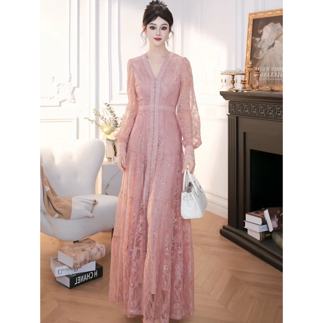 ZHAOMU 刺绣连衣裙优雅蕾丝裙长裙仙气裙子轻奢夏季宴会名媛