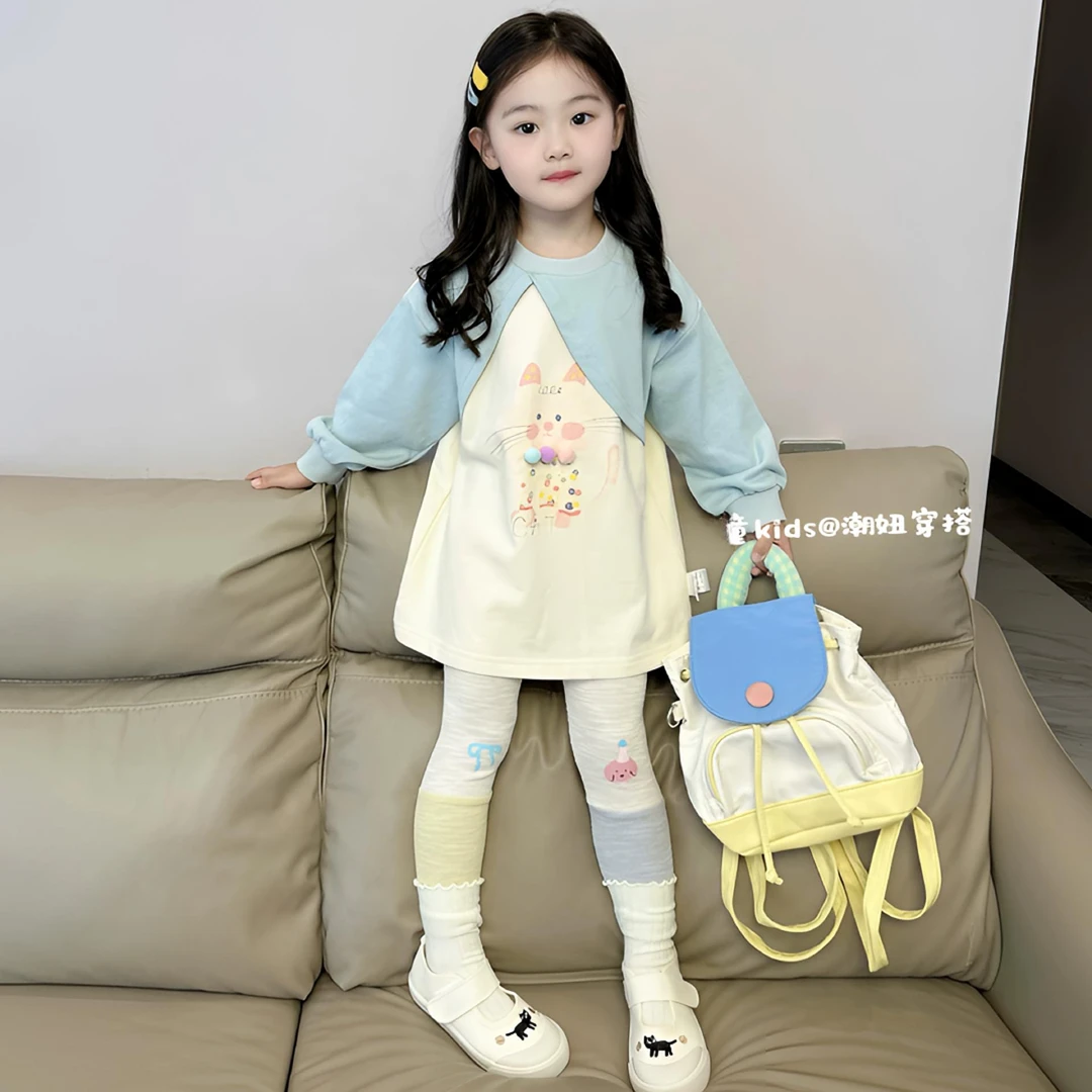 女童插肩袖卫衣套装潮女童假两件中长款卫衣转色打底裤两件套洋气