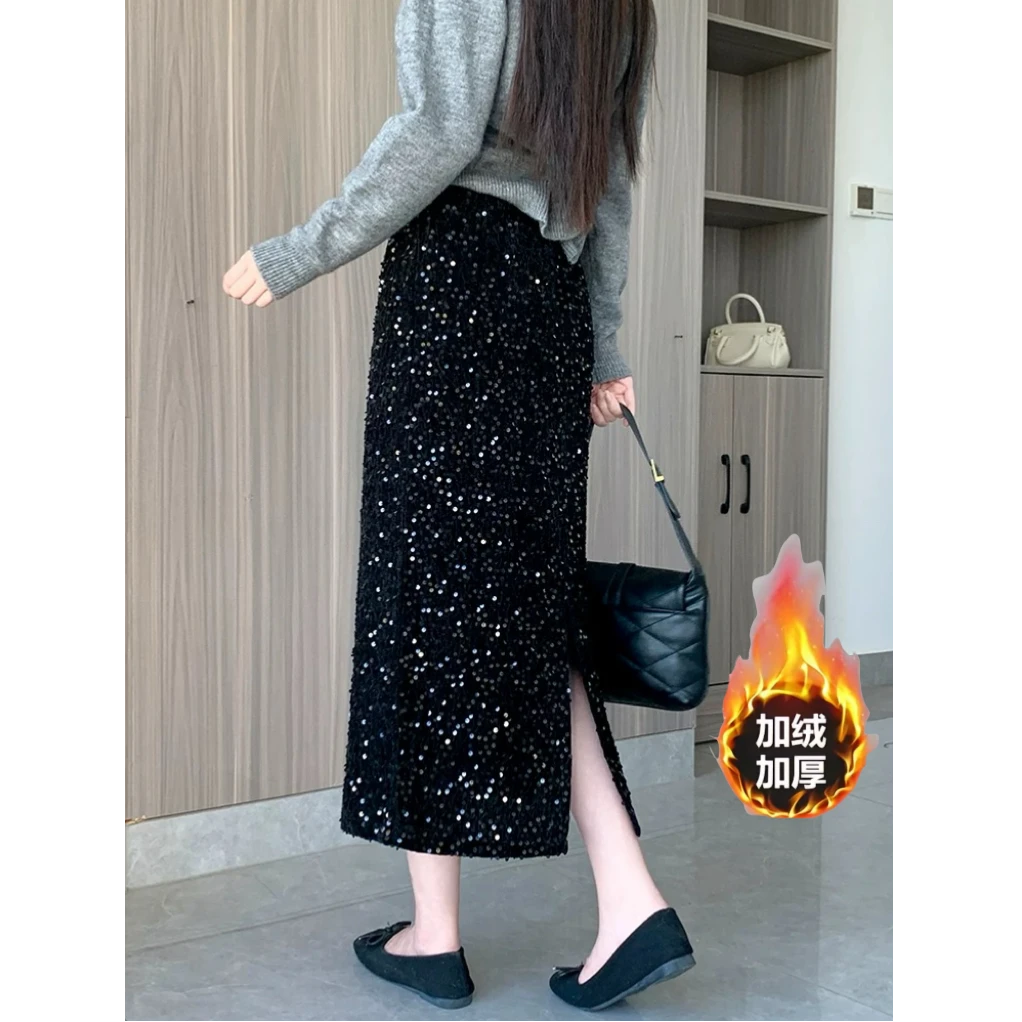 休闲文艺气质风直筒丝绒亮片后开叉一步裙秋冬厚款保暖显瘦半身裙