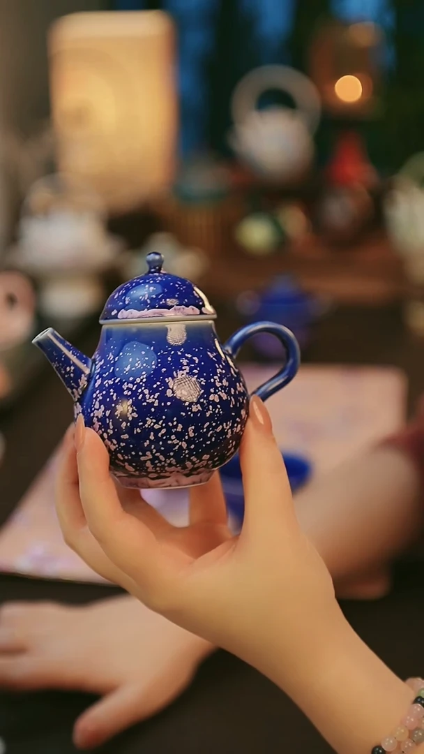 陶瓷茶具楚门窑变冰晶蓝梨壶