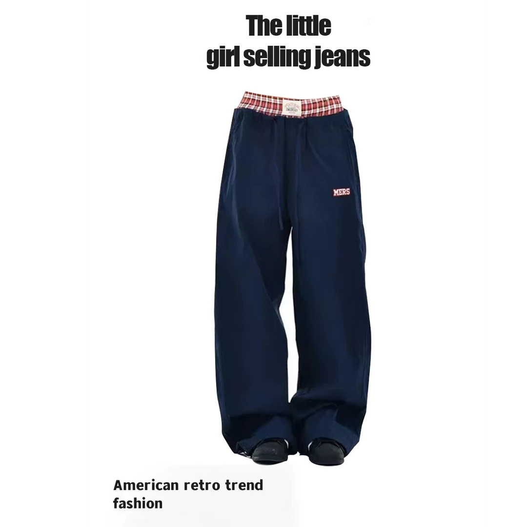 美式复古藏蓝色双腰头拼接假两件休闲裤女2024新款低腰直筒阔腿裤