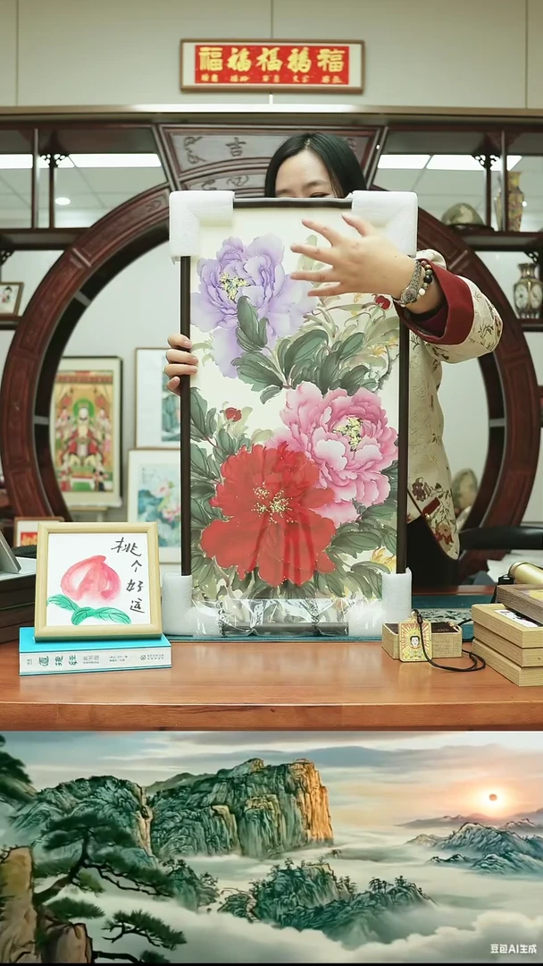 书法33*65  实木带框仿铜角  富贵牡丹