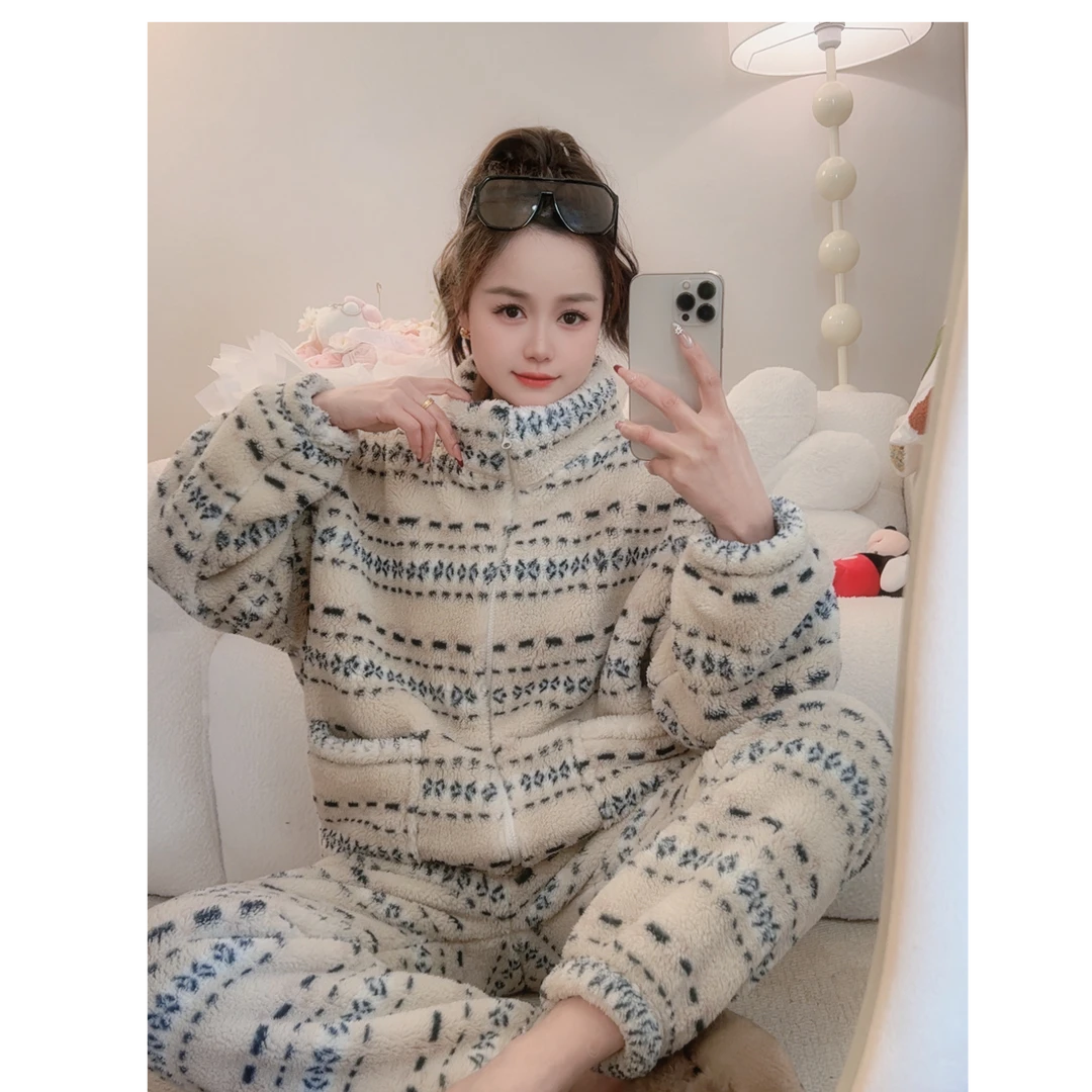 冬季费尔岛风加厚热力绒睡衣拉链立领加绒保暖长袖套装