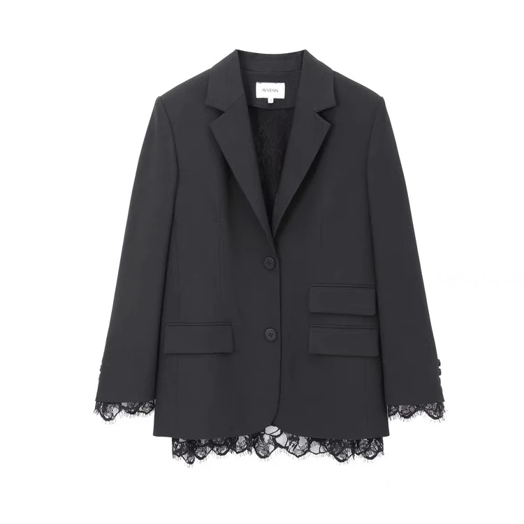 AVVENN 设计师品牌2025春季新品蕾丝下摆后叠片开叉酷感宽松西装