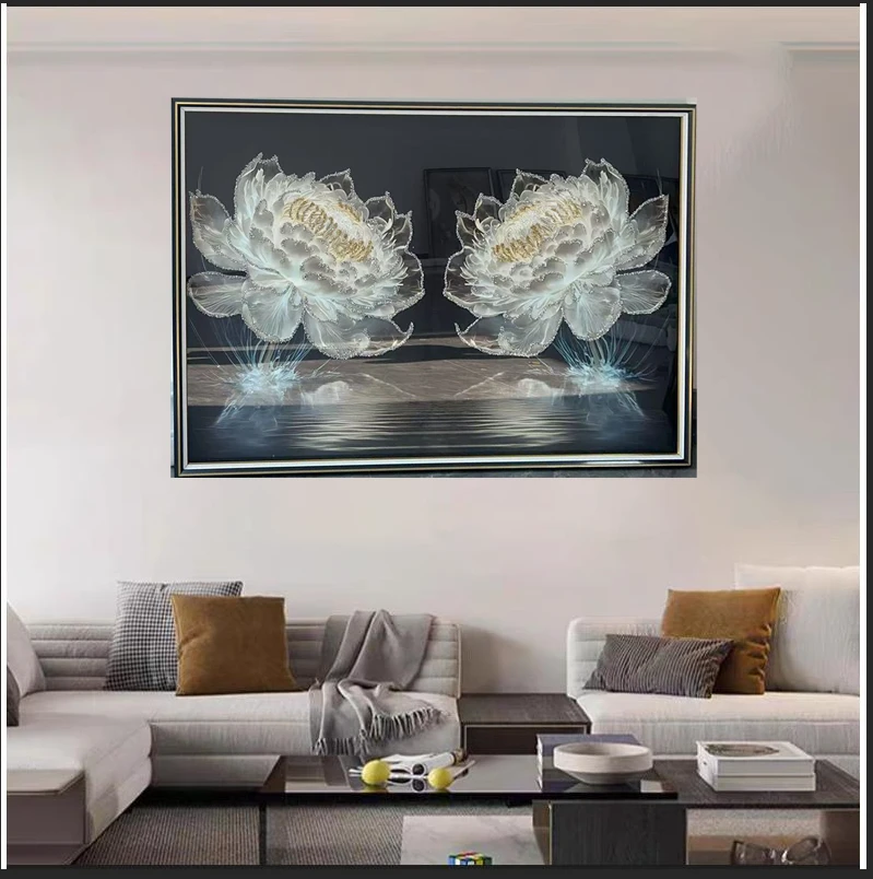 Q280黑色光影睡莲现代餐厅装饰画轻奢高级背景墙软装壁画创意挂画