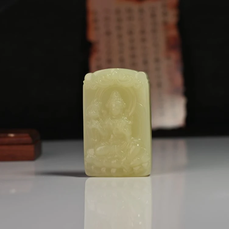 天然保真收藏级和田玉新疆料若羌鸡油黄口观音牌官运亨通男士吊牌