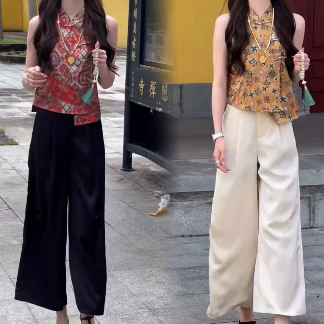 2025夏季新款国风立领斜襟老钱风提花无袖上衣小个子