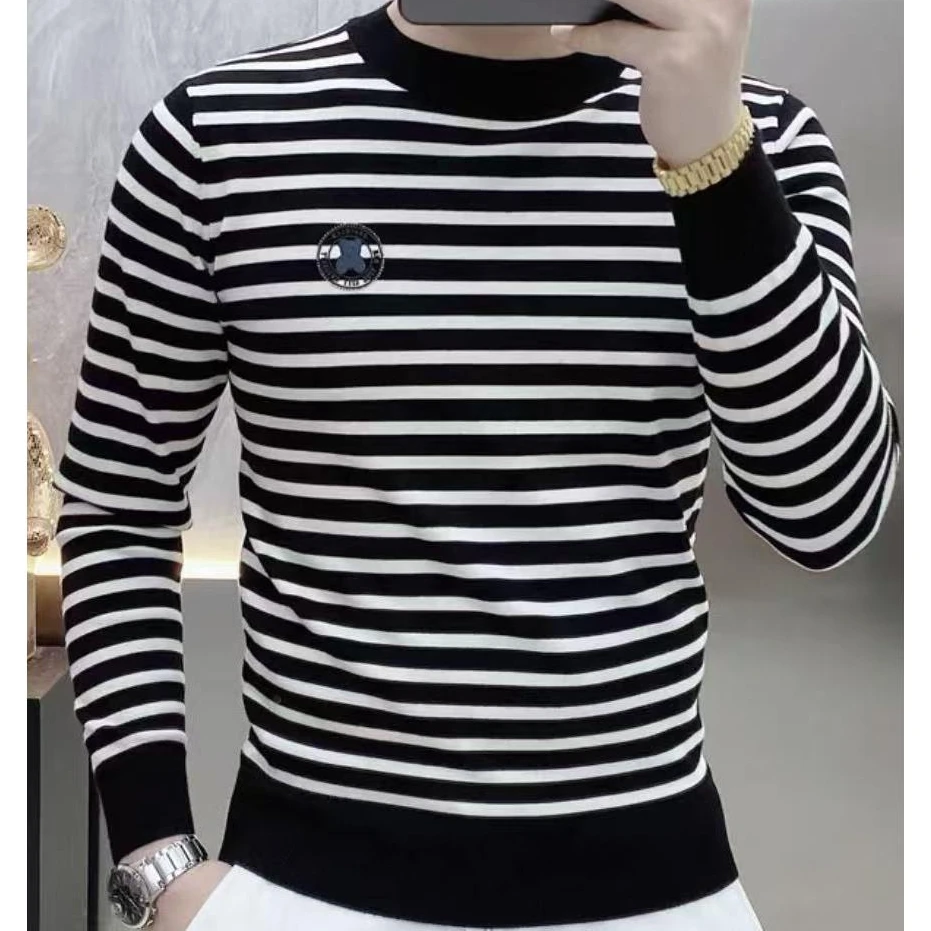 2025秋冬新款男士羊毛衫时尚条纹打底衫休闲宽松条纹针织衫毛衣男