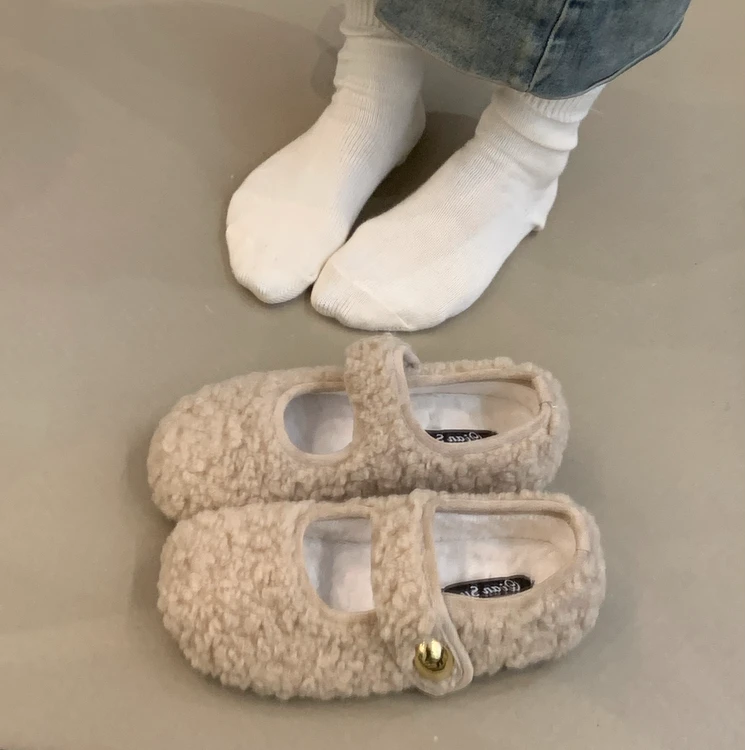 温柔仙女风毛毛鞋女外穿2025冬季加绒保暖魔术贴一脚蹬棉鞋面包鞋