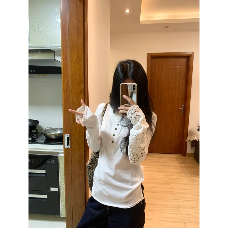 云端浮岛 刺绣镂空上衣春季慵懒气质罩衫长袖白t恤女