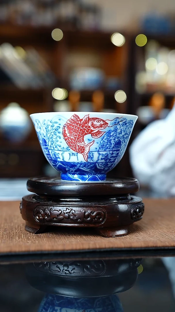 青花系列鲤鱼跃龙门鸡心杯