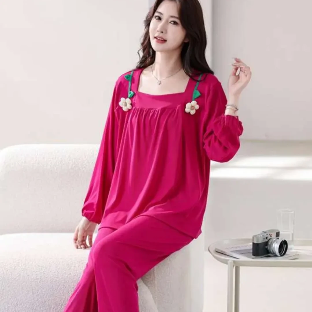 家居服套装女方领花朵中袖宽松上衣长裤可外穿时尚甜美睡衣两件套