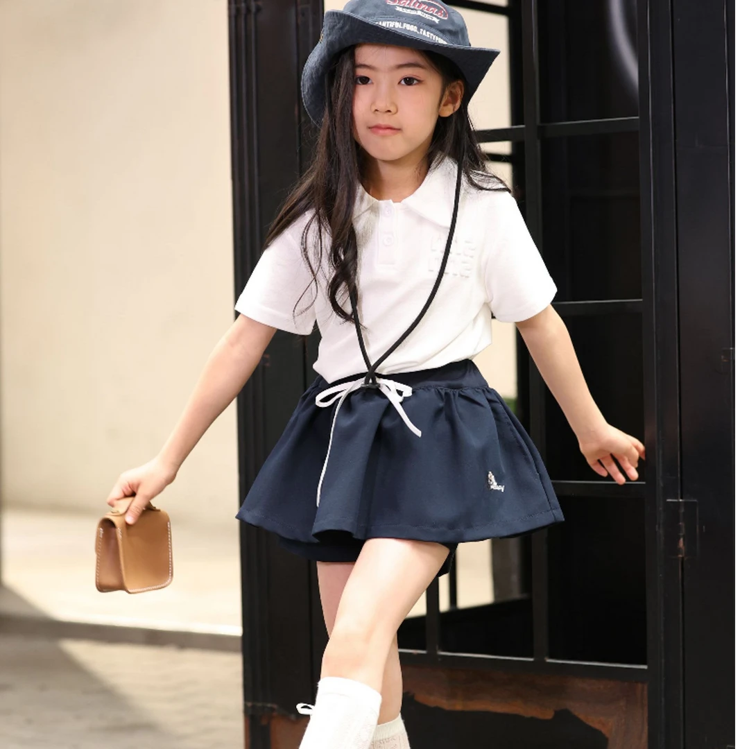 【现货】25年中大女童学院风polo领衫儿童夏季新款短袖T恤上衣套装