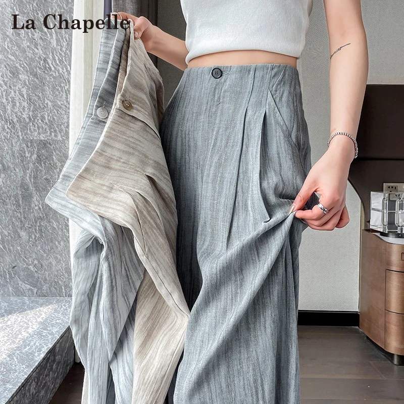拉夏贝尔冰丝亚麻阔腿裤女小个子夏季薄款扎染垂感拖地山本西装裤