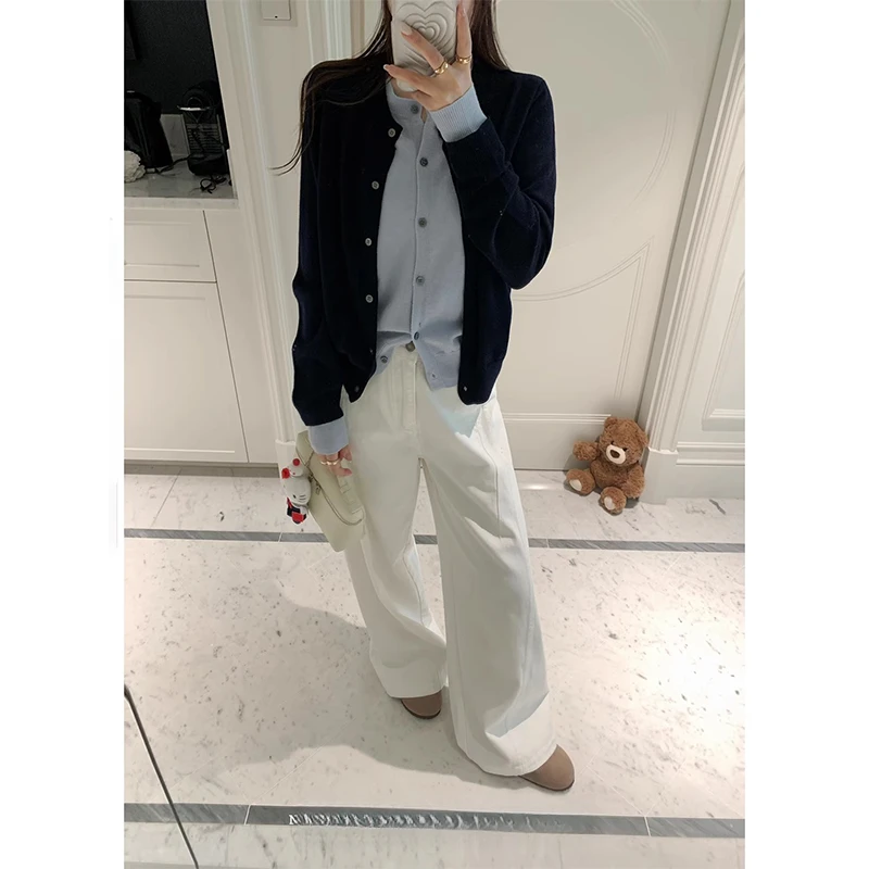 颜值拉满！藏青色撞蓝色假两件针织开衫2025春季韩版复古毛衣外套