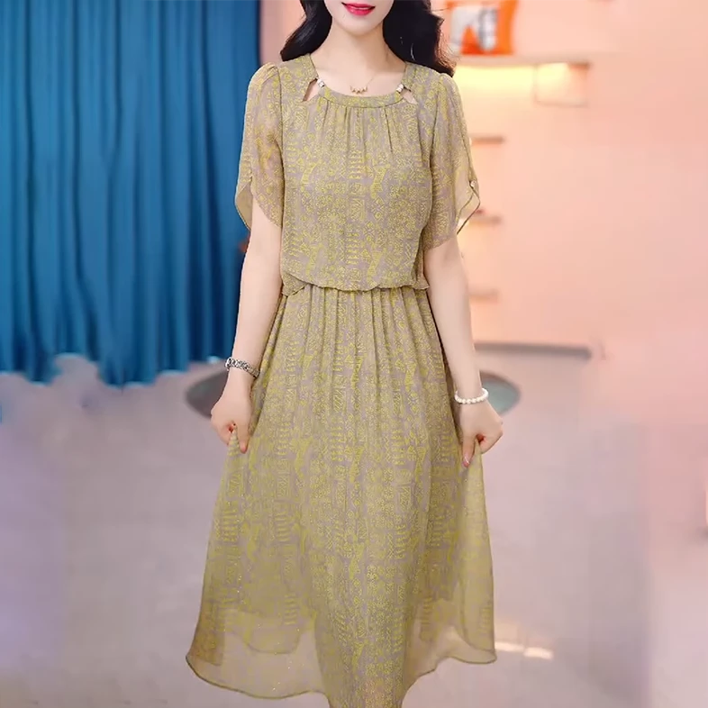 轻奢高级感短袖连衣裙2025优雅女人味印花假两件夏天裙子#5278
