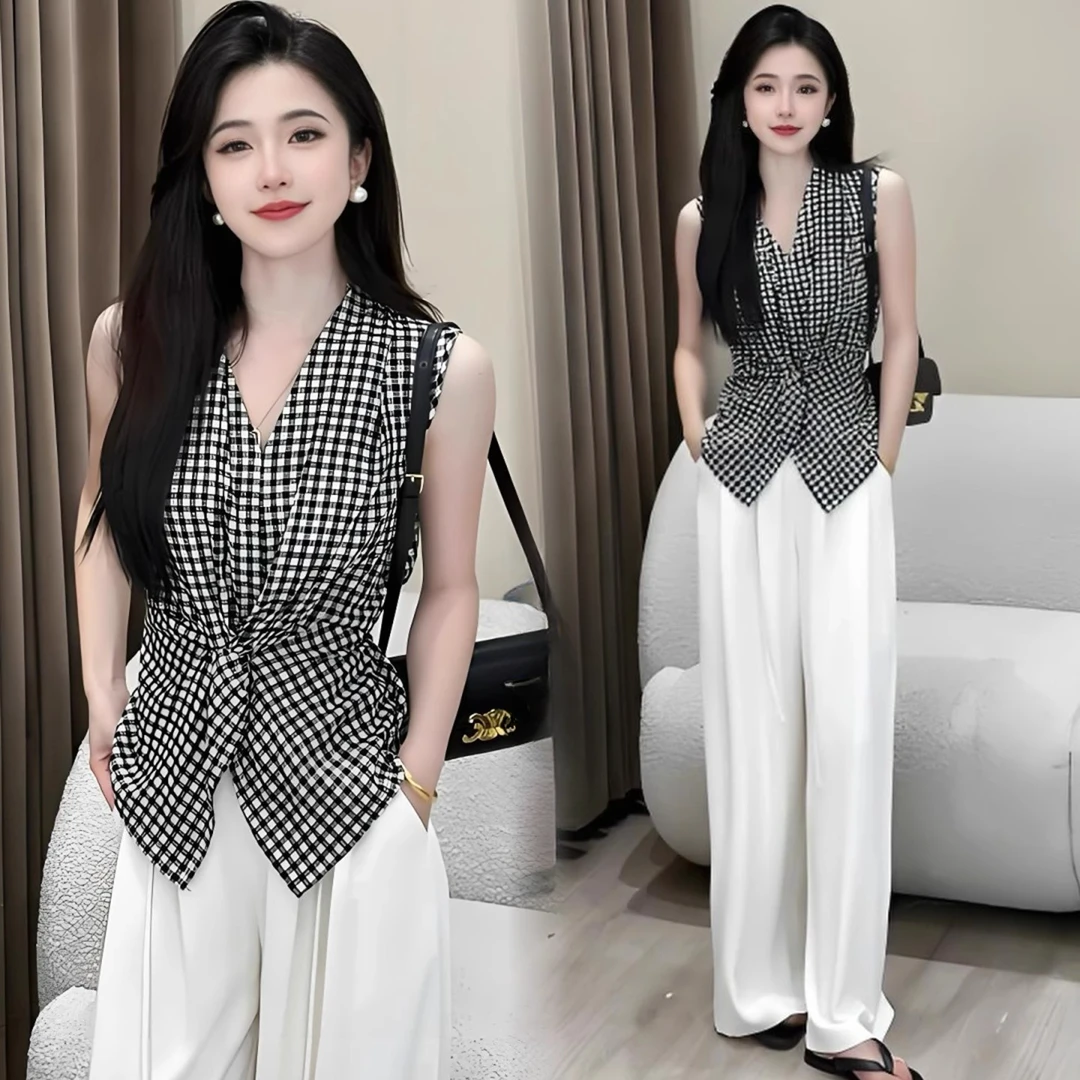 拉夏贝尔高级感时尚套装女夏季新款无袖上衣显瘦阔腿裤休闲两件套