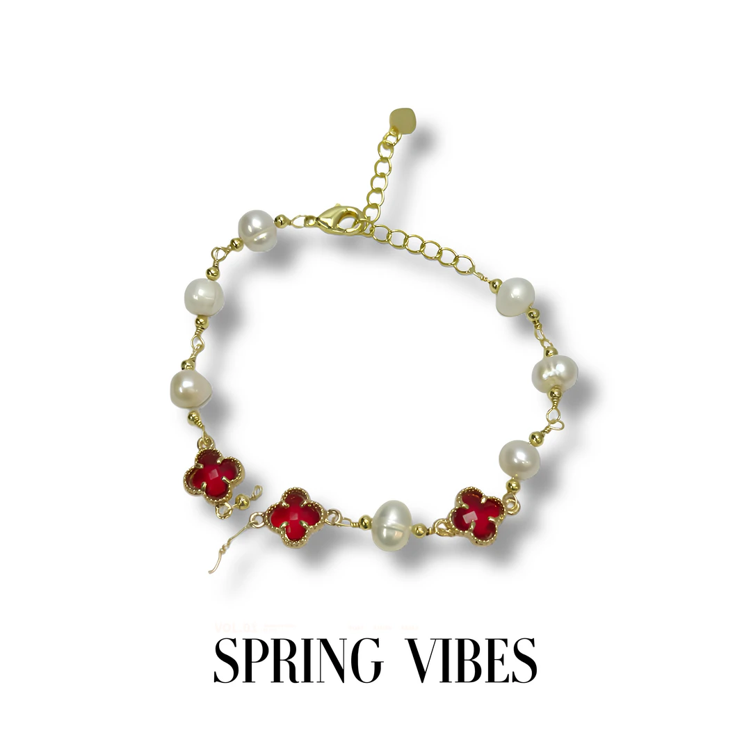 天然淡水珍珠手链- DSN设计师款红色四叶草手链（7070）