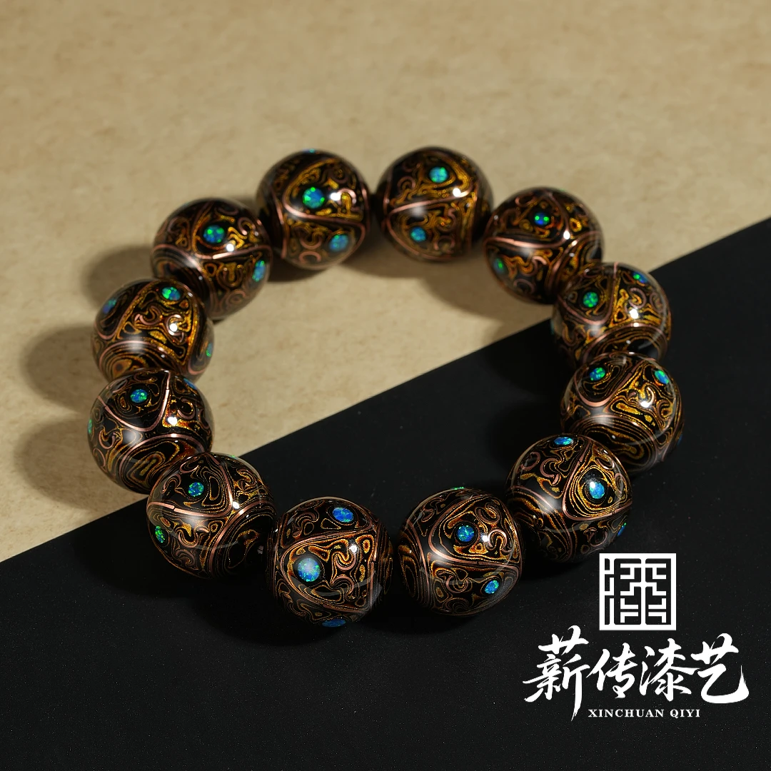 【薪传漆艺】非遗大漆 窃曲纹黑金手串20mm 335OPTS20m