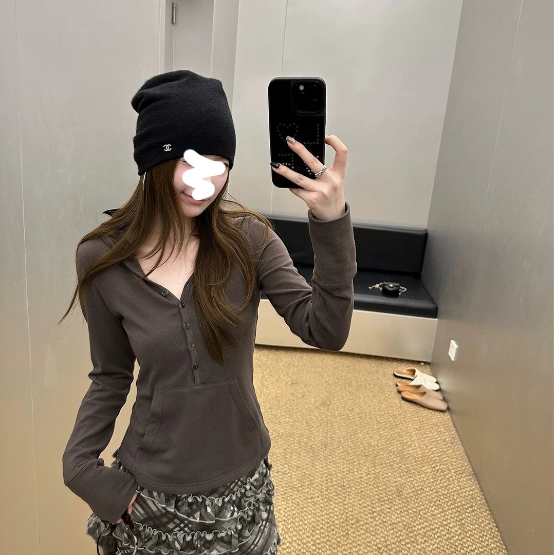 法式连帽长袖袋鼠兜修身T恤打底衫美式复古多粒扣亨利衫