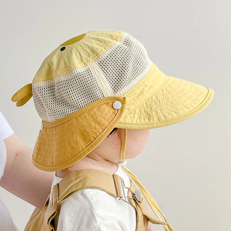 婴儿帽子夏季遮阳帽渔夫帽男童女宝宝网大檐可拆披肩儿童透气速干