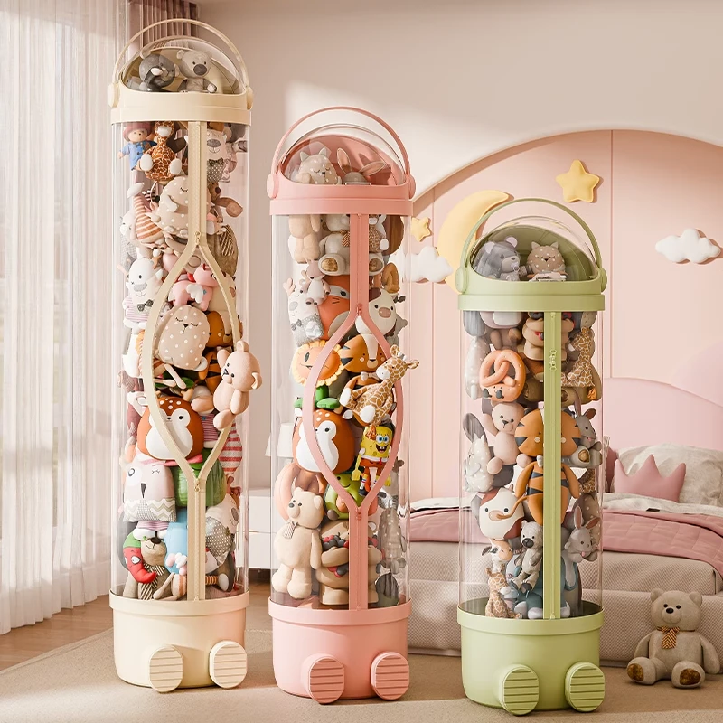 太空人圆柱儿童玩偶毛绒公仔玩具置物架玩具公仔娃娃收纳桶透明