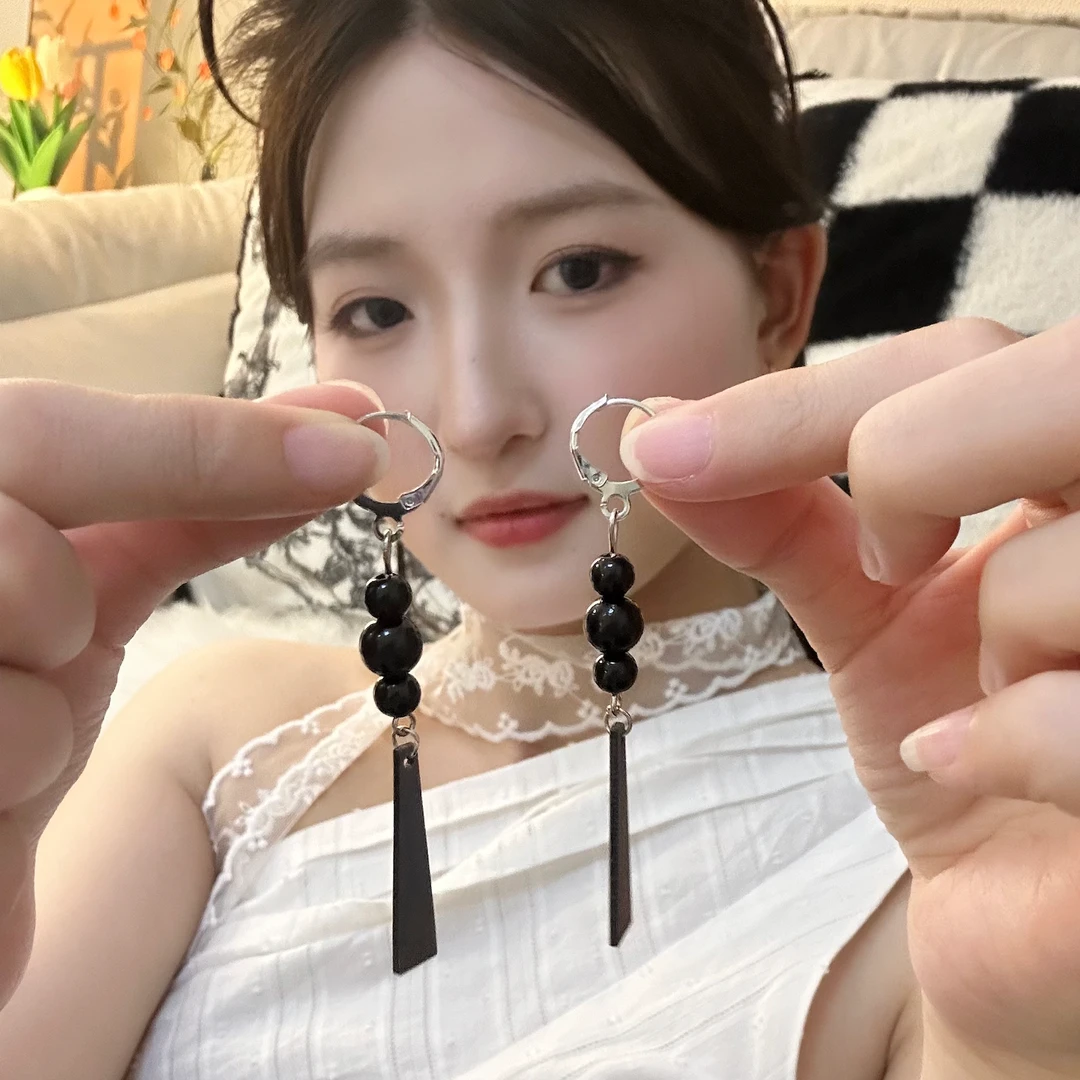 铜合金耳饰 国风长款黑色流苏耳饰新中式简约百搭耳环清冷耳扣