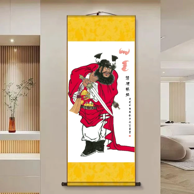 【钟馗赐福】45x140cm新中式竖幅实木卷轴画客厅书房茶室挂画