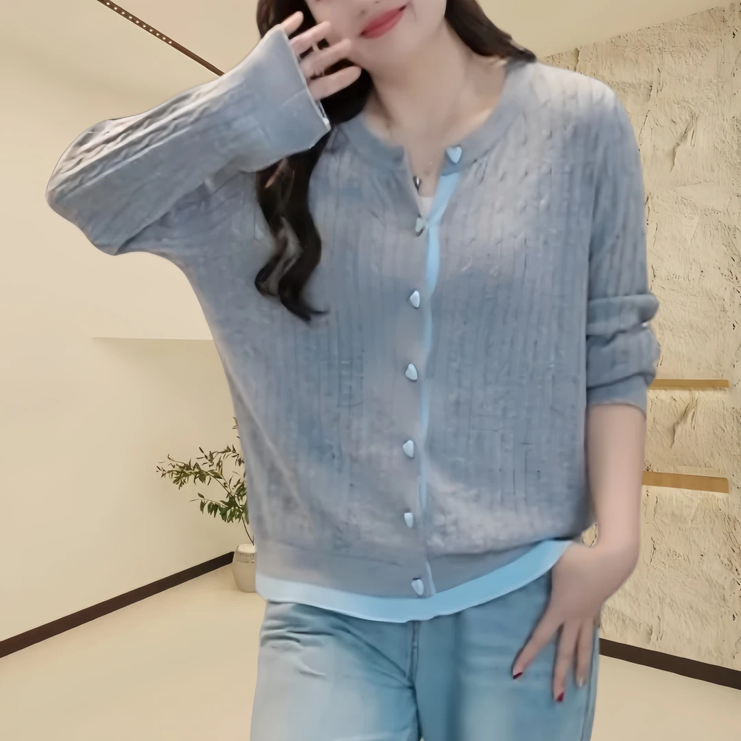 2025春季新款大码女装针织衫时尚休闲微胖圆领爱心扣宽松显瘦