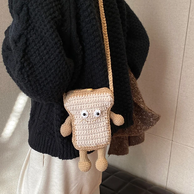 成品韩系针织毛线小包女ins迷你斜挎包吐司面包片编织钥匙手机包