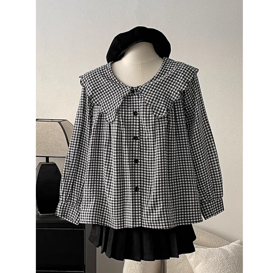 经典黑白格娃娃领衬衫胖MM别致oversize长袖衬衣外套独特漂亮小衫
